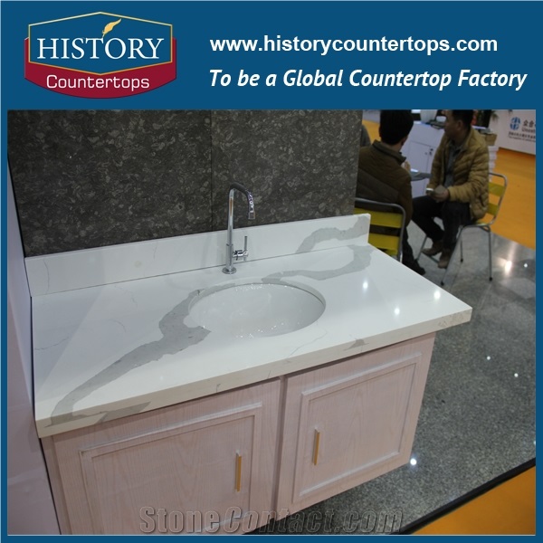 Chinese Calacatta White Artificial Quartz for Polished Batheroom Countertops,Custom Vanity Tops Materials,Flat Edge, Eased Edge, Beveled Edge