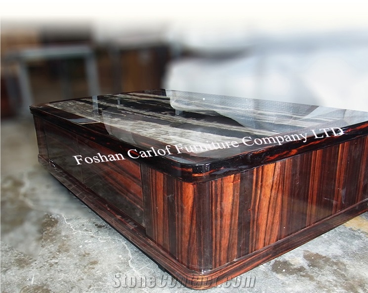Black Marble Inlay Coffee Table Top Wooden Centre Table