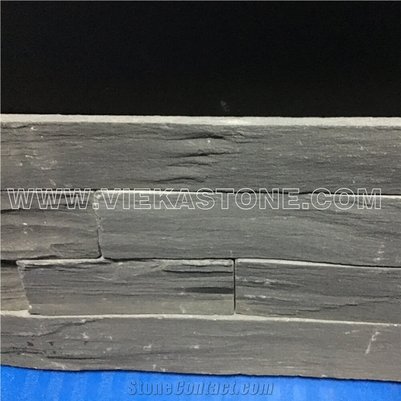 China Black Slate Ledge Stone Tile Fireplace Stacked Stone Veneer Feature Wall Cladding Panel Rock Natural Split Face Mosaic Landscaping Building Interior & Exterior Culture Stone 60x15cm