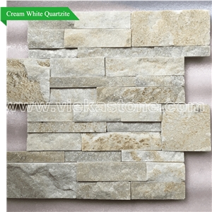 China Cream White Quartzite Stacked Stone Wall Cladding Panel Ledge Stone Split Face Tile Landscaping Interior & Exterior Culture Stone 35x18cm