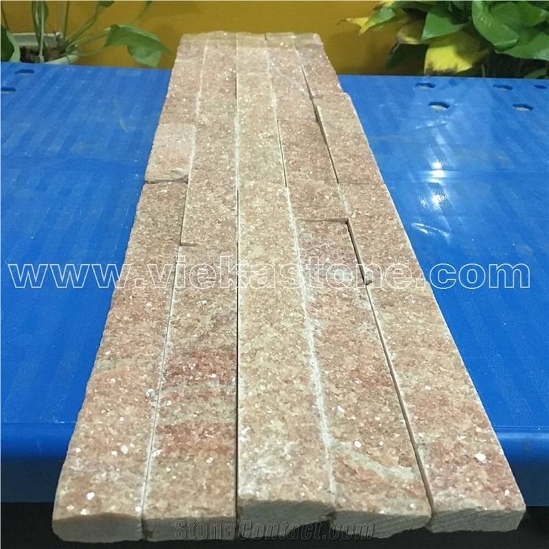 China Rosa Peach Quartzite Stacked Stone Veneer Feature Wall Cladding Panel Ledge Stone Rock Natural Split Face Mosaic Tile Landscaping Building Interior & Exterior Decor Culture Stone 60x15cm