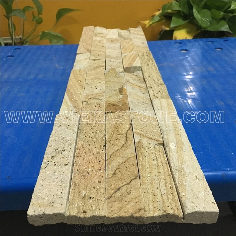 China Yellow Sandstone Fireplace Stacked Stone Veneer Feature Wall Cladding Panel Ledge Stone Rock Natural Split Face Mosaic Tile Landscaping Building Interior & Exterior Decor Culture Stone 60x15cm