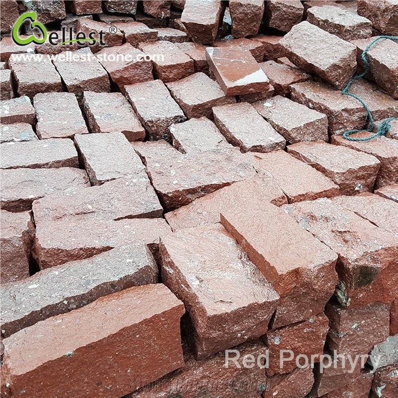 All Side Natural Split Red Porphyry Paving Cube Cobble Setts for Drawway