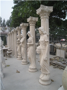 Beige Marble Column with Statue Sculpture