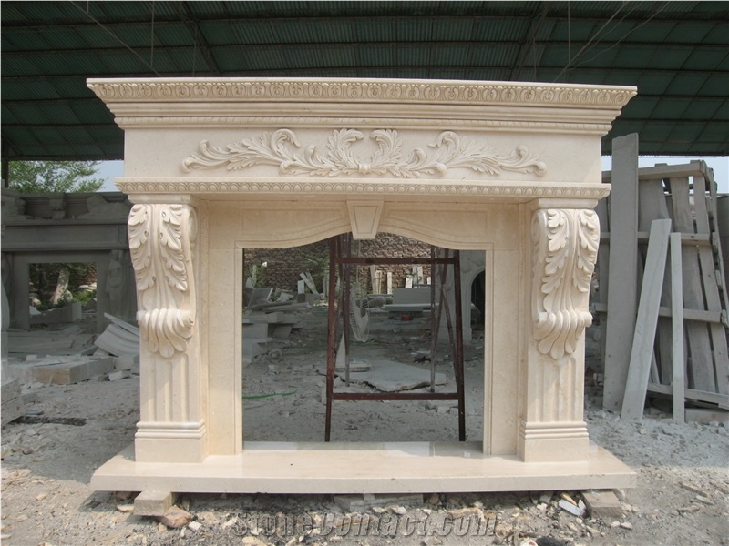 Beige Marble Fireplace Mantel Surrounding with Carving