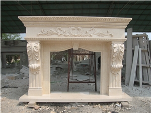 Beige Marble Fireplace Mantel Surrounding with Carving