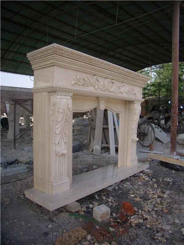 Beige Marble Fireplace Mantel Surrounding with Carving