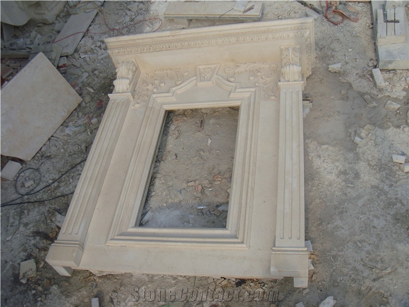 Beige Marble Fireplace Mantel Surrounding with Carving