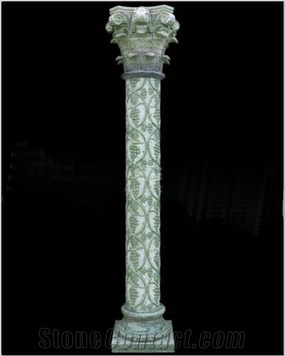 Hand Carved Green Marble Roman Style Column with Sculpture
