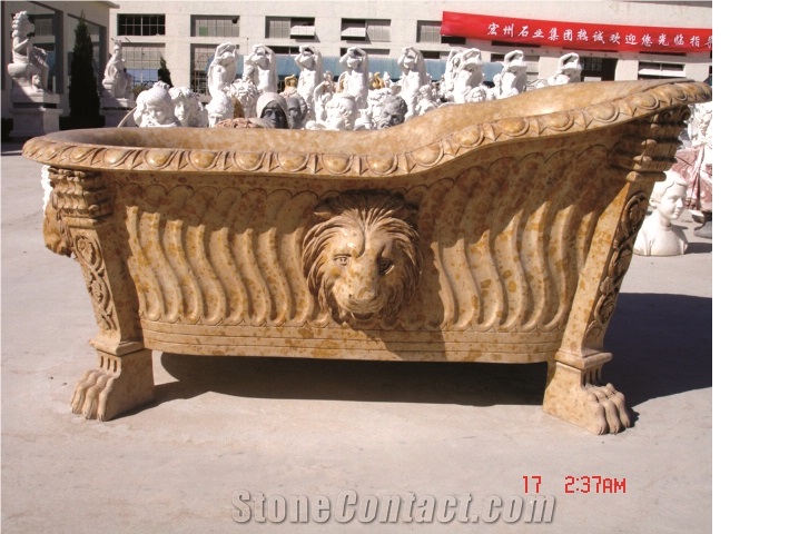 Hand Carved Yellow Limestone Bath Tub for Bathroom