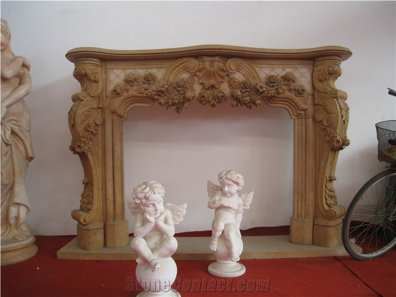 Hand Carved Yellow Marble Fireplace Mantel with Flower Carving