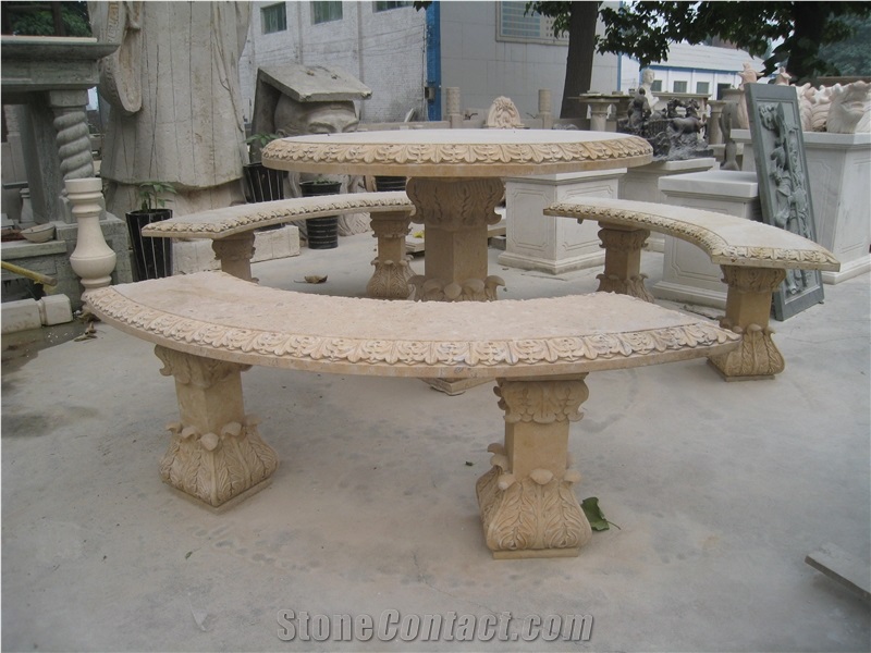 Hand Carved Yellow Marble Table & Bench