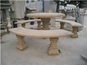 Hand Carved Yellow Marble Table & Bench
