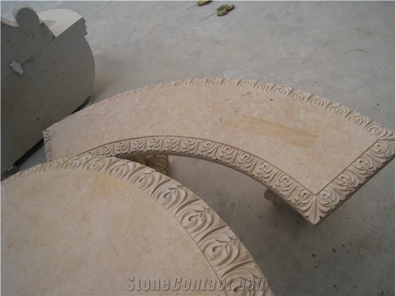 Hand Carved Yellow Marble Table & Bench