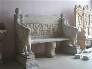 Natural Stone Beige Travertine Bench with Sculpture