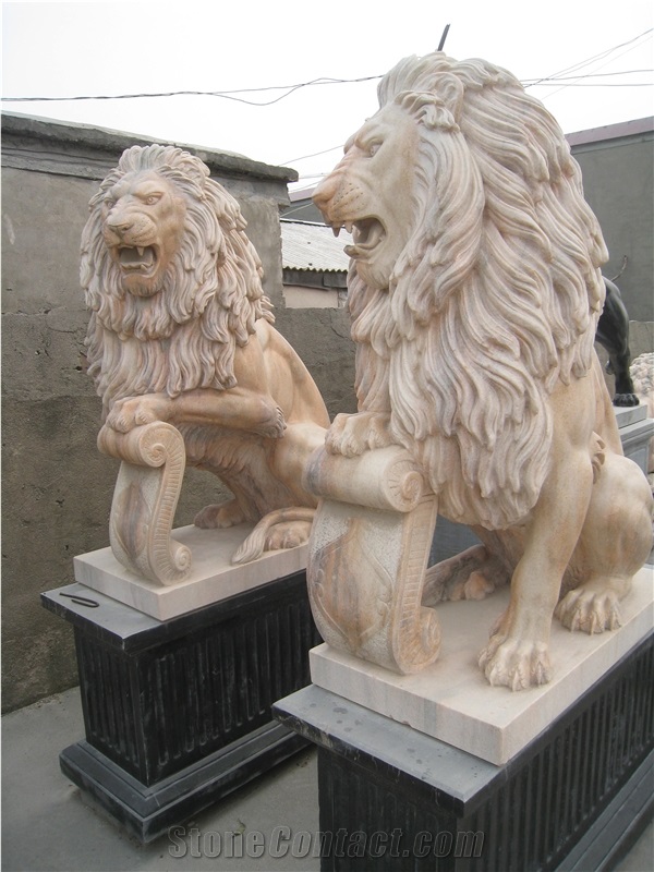 Pink Marble Hand Carved Lion Statue Sculpture Custom Made Garden