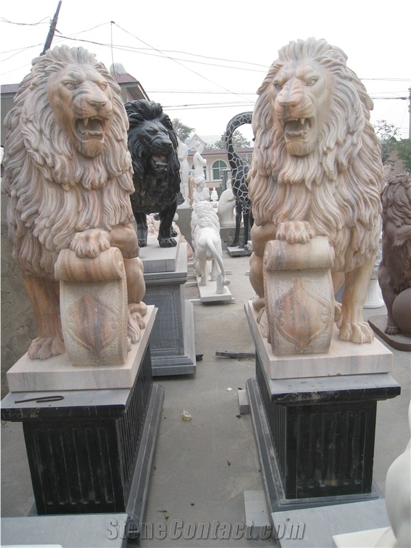 Pink Marble Hand Carved Lion Statue Sculpture Custom Made Garden