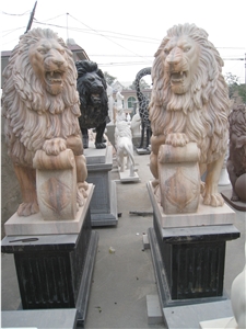 Pink Marble Hand Carved Lion Statue Sculpture Custom Made Garden
