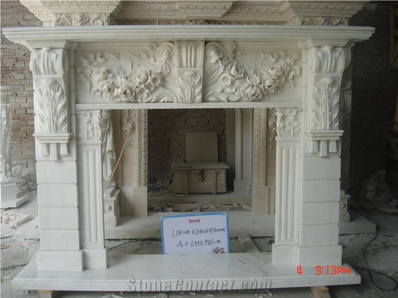 Pure White Marble Fireplace Mantel Surround with Sculpture Flower