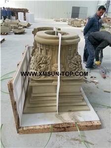 Beige Sandstone Column Tops/Beige Sandstone Sculptured Columns Bases/Architectural Columns/Outdoors&Landscape Column/Beige Sandstone Pillar/Building Ornament/Column Component