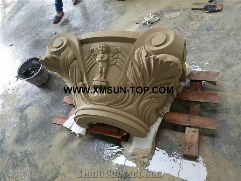 Beige Sandstone Column Tops/Beige Sandstone Sculptured Columns Bases/Architectural Columns/Outdoors&Landscape Column/Beige Sandstone Pillar/Building Ornament/Column Component