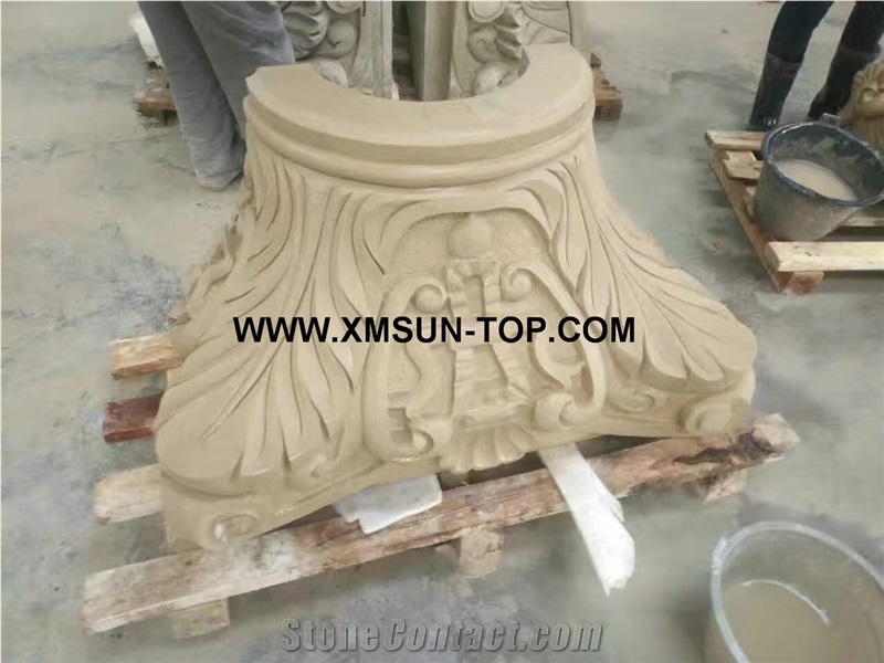 Beige Sandstone Column Tops/Beige Sandstone Sculptured Columns Bases/Architectural Columns/Outdoors&Landscape Column/Beige Sandstone Pillar/Building Ornament/Column Component
