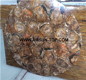 Brown Petrified Wood Semi-Precious Stone Round Table Tops/Brown Semi Precious Table Tops/Semi Precious Work Top/Semiprecious Stone Inlayed Tabletops/Table Top for Hotels& Villa&Restaurant