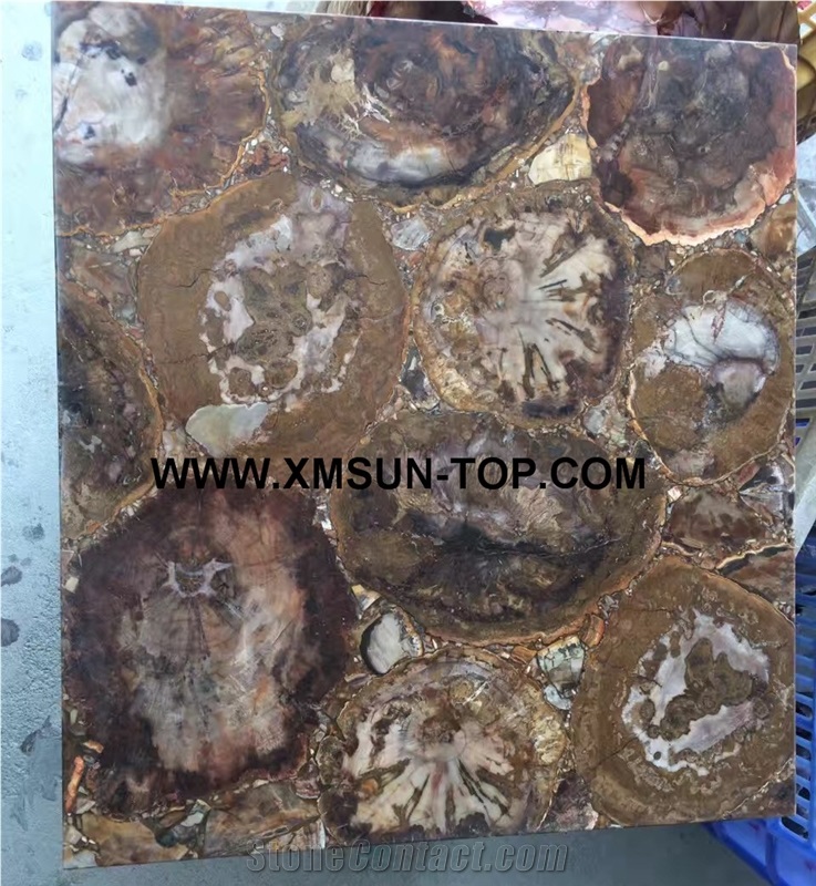 Brown Petrified Wood Semi-Precious Stone Square Table Tops/Brown Semi Precious Table Tops/Semi Precious Work Top/Semiprecious Stone Inlayed Tabletops/Table Top for Hotels& Villa&Restaurant