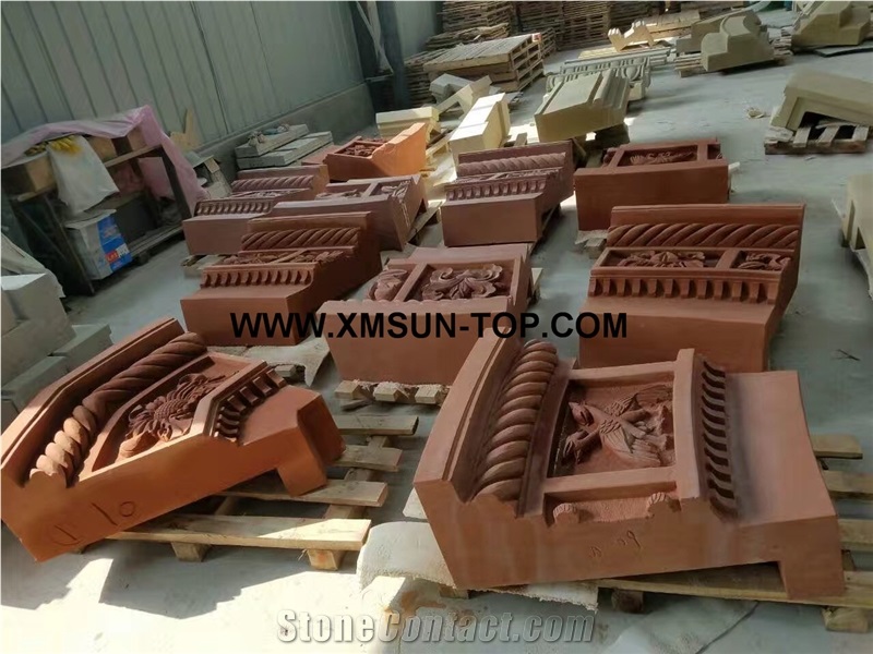 Red Sandstone Column Tops/Dark Red Sandstone Sculptured Columns Bases/Architectural Columns/Outdoors&Landscape Column/Red Sandstone Pillar/Building Ornament/Column Component