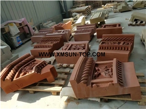 Red Sandstone Column Tops/Dark Red Sandstone Sculptured Columns Bases/Architectural Columns/Outdoors&Landscape Column/Red Sandstone Pillar/Building Ornament/Column Component