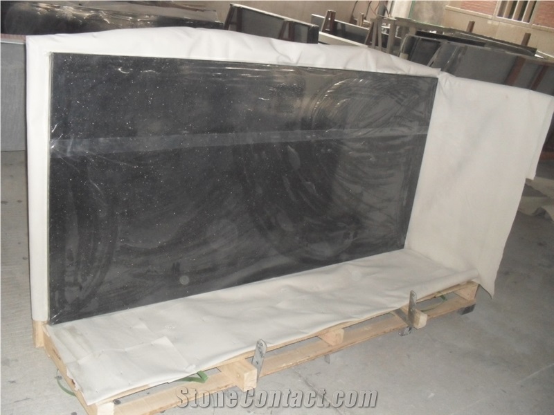 India Black Granite Black Galaxy Countertop, Black Galaxy Granite Kitchen Top,Bar Top, Island Tops, Sawn Cut Tiles Slabs Exterior - Interior Wall & Floor,Stairs Etc Project