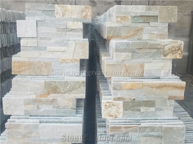 Yellow Wooden Slate Wall Cladding, Stacked Stone Veneer Culture Stone, Wooden Slate Corner Stone, Winggreen Stone