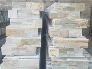 Yellow Wooden Slate Wall Cladding, Stacked Stone Veneer Culture Stone, Wooden Slate Corner Stone, Winggreen Stone