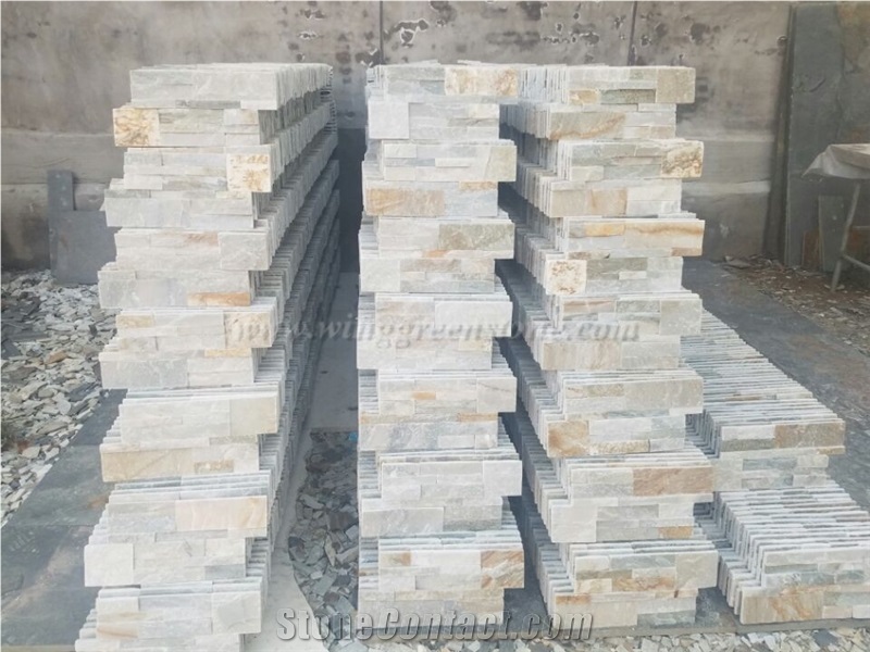 Yellow Wooden Slate Wall Cladding, Stacked Stone Veneer Culture Stone, Wooden Slate Corner Stone, Winggreen Stone