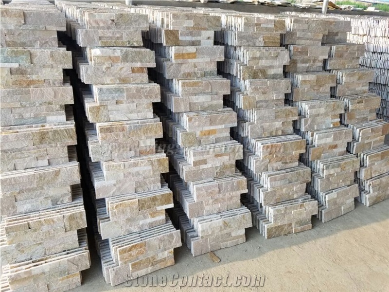 Yellow Wooden Slate Wall Cladding, Stacked Stone Veneer Culture Stone, Wooden Slate Corner Stone, Winggreen Stone