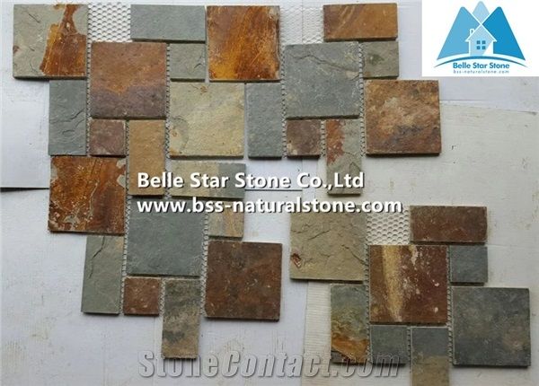 China Multicolour Slate Meshed Flagstone,Rusty Split Face Slate Flagstone Wall,Sunset Slate Flagstone Paving Set,Autumn Rose Slate Flagstone Patio,Copper Rust Slate Flagstone Walkway,Flagstone Pavers