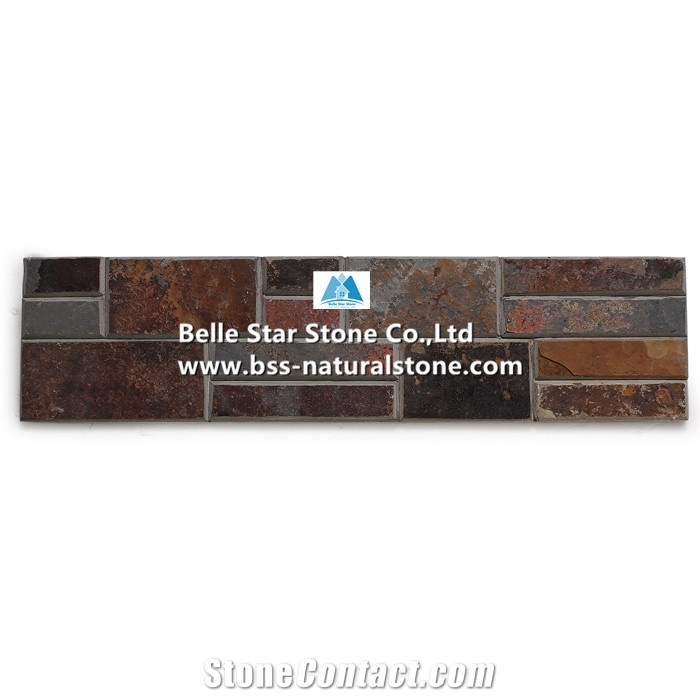 China Multicolour Split Face Beveled Edges Slate Stacked Stone,Rusty Riven Slate Stone Cladding,Copper Rust Slate Stone Wall Panels,Sunset Slate Culture Stone,Autumn Rose Slate Ledgestone