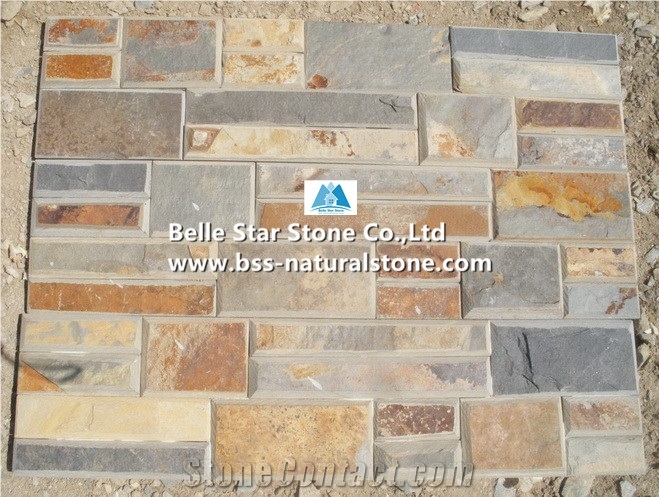 China Multicolour Split Face Beveled Edges Slate Stacked Stone,Rusty Riven Slate Stone Cladding,Copper Rust Slate Stone Wall Panels,Sunset Slate Culture Stone,Autumn Rose Slate Ledgestone
