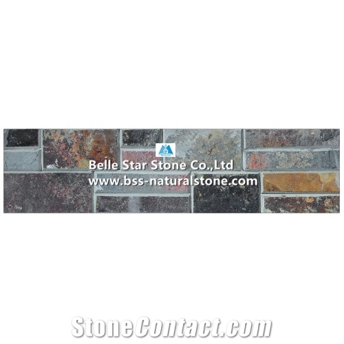 China Multicolour Split Face Beveled Edges Slate Stacked Stone,Rusty Riven Slate Stone Cladding,Copper Rust Slate Stone Wall Panels,Sunset Slate Culture Stone,Autumn Rose Slate Ledgestone