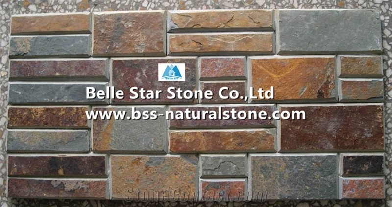 China Multicolour Split Face Beveled Edges Slate Stacked Stone,Rusty Riven Slate Stone Cladding,Copper Rust Slate Stone Wall Panels,Sunset Slate Culture Stone,Autumn Rose Slate Ledgestone