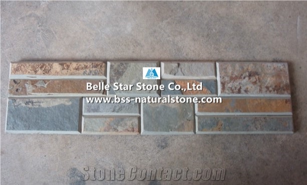 China Multicolour Split Face Beveled Edges Slate Stacked Stone,Rusty Riven Slate Stone Cladding,Copper Rust Slate Stone Wall Panels,Sunset Slate Culture Stone,Autumn Rose Slate Ledgestone