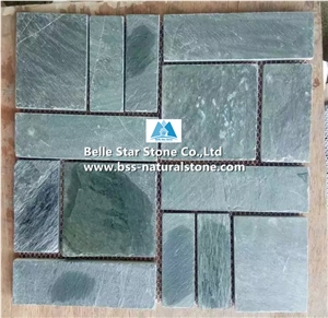 Green Riven Slate Mosaic,Split Face Slate Wall Mosaic,Green Stone Mosaic,Natural Slate Floor Mosaic,Green Slate Mosaic Pattern,Slate Mosaic Wall Tiles,Indoor Wall Mosaic Stone,Slate Mosaic Stone