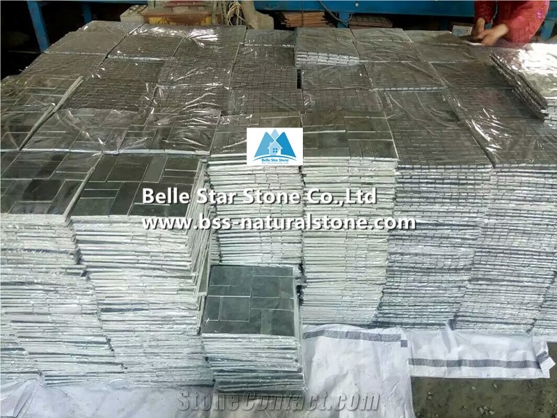 Green Riven Slate Mosaic,Split Face Slate Wall Mosaic,Green Stone Mosaic,Natural Slate Floor Mosaic,Green Slate Mosaic Pattern,Slate Mosaic Wall Tiles,Indoor Wall Mosaic Stone,Slate Mosaic Stone
