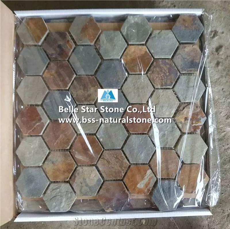 Rusty Split Face Slate Mosaic, Multicolor Riven Slate Wall Mosaic,Copper Rust Slate Mosaic Pattern,Sunset Slate Floor Mosaic for Interior Decor,Hexagon Mosaic Pattern,Autumn Rose Slate Mosaic Tiles