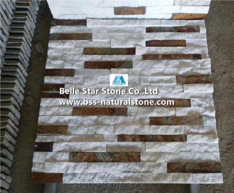 Snow White Quartzite Mixed Multicolor Slate Stacked Stone,Natural Stone Panel,Quartzite & Slate Ledgestone,Real Slate Quartzite Culture Stone,Porches Stone Wall Panels,Fireplace Ledgestone,Stone Clad