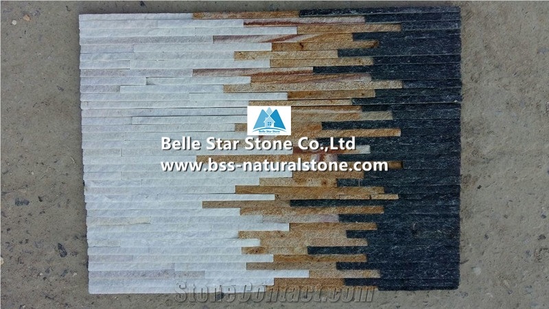 White Quartzite Yellow Sandstone Black Quartzite Water Retaining Wall Cladding,Quartzite & Sandstone Waterfall Shape Ledgestone,Natural Mini Stacked Stone,Real Thin Stone Veneer,Natural Stone Panels