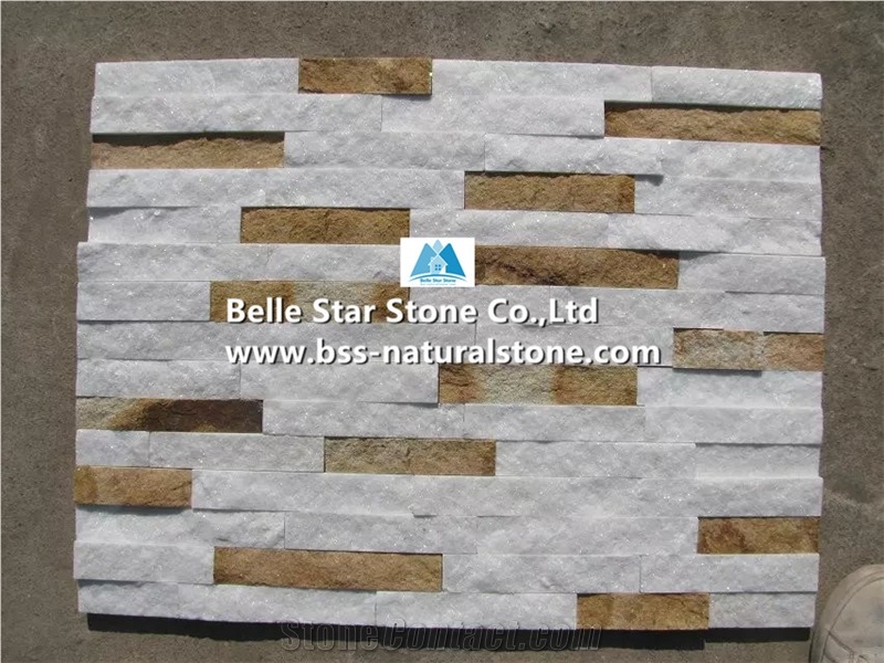 White Quartzite + Yellow Sandstone Stone Cladding,Quartzite & Sandstone Culture Stone,Natural Stone Wall Panels,Real Thin Stone Veneer,Natural Ledgestone,White + Yellow Stacked Stone