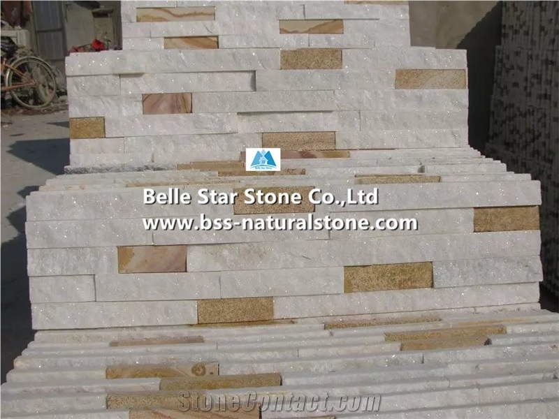 White Quartzite + Yellow Sandstone Stone Cladding,Quartzite & Sandstone Culture Stone,Natural Stone Wall Panels,Real Thin Stone Veneer,Natural Ledgestone,White + Yellow Stacked Stone