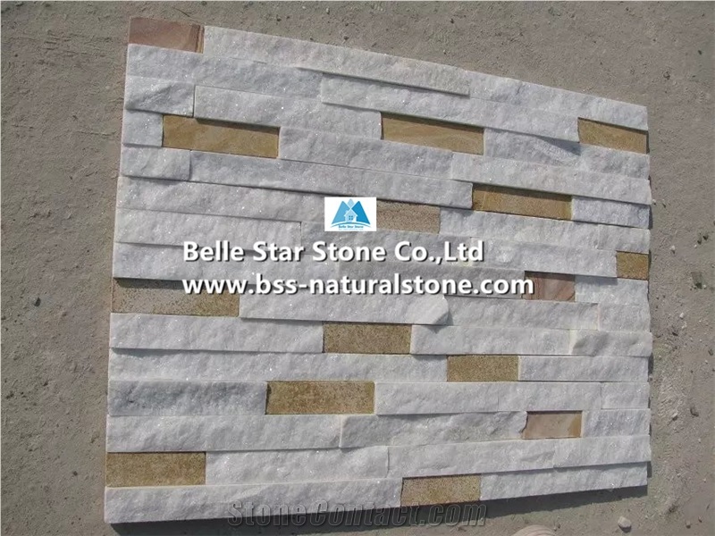 White Quartzite + Yellow Sandstone Stone Cladding,Quartzite & Sandstone Culture Stone,Natural Stone Wall Panels,Real Thin Stone Veneer,Natural Ledgestone,White + Yellow Stacked Stone
