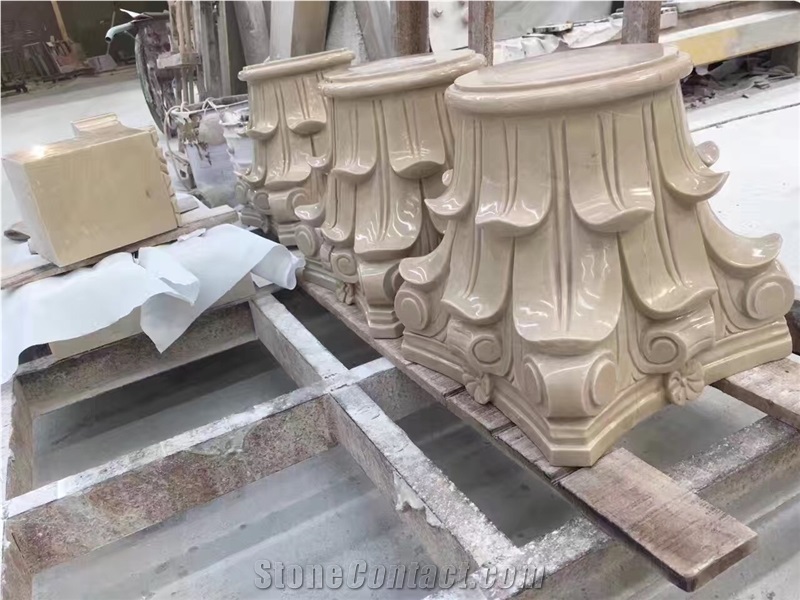 Indoor Beige Cream Marble Sculptured Column , Top , and Base